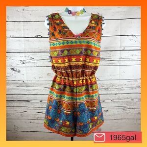 Liquorish Colorful Tribal Print Romper S/M Pom Pom